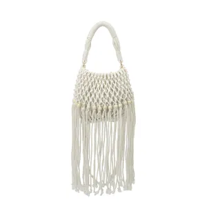 White macrame fringe woven handbag beach bucket shoulder bag for women vacation style