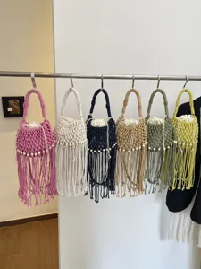 Womens Woven Bucket Bag Casual Hollow Out Tassel Shoulder Bag Cotton Candy Color Vacation Beach Tote Handbag