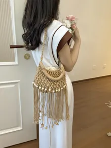 Woven macrame fringe bucket bag hollow design fashion shoulder handbag for beach vacation style
