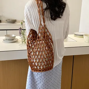 Chic Acrylic Beaded Woven Bucket Bag Hollow Shoulder Handbag with Inner Lining for Beach
