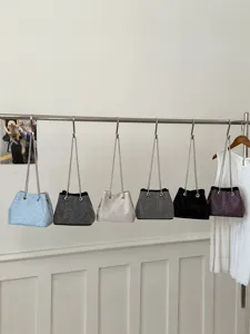 Women Rhinestone Bucket Bag PU Leather Chain Crossbody Bag Sparkly Artificial Pearl Floral Pendant Shoulder Bag Evening Party Purse