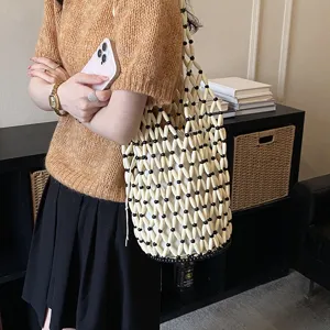 Acrylic woven beaded bucket bag shoulder handbag with inner pouch stylish beach bag