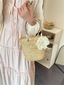 Summer Natural Straw Woven Handbag For Women Beach Casual Bucket Bag Floral Decoration Drawstring Top Handle Bag