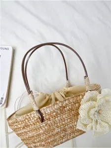 Natural straw woven handbag with flower decor, elegant summer beach shoulder straw bag.