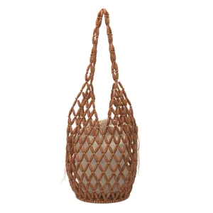 Woven beaded bucket bag for women, hollow shoulder handbag with inner lining beach vacation
