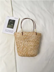 Natural straw woven handbag for women summer beach casual woven tote bag with leather handles