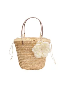 Summer natural straw woven handbag with large flower decoration, casual beach tote bag.