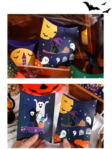 Halloween candy gift pillow paper boxes with cute cartoon ghost and cat designs for party.