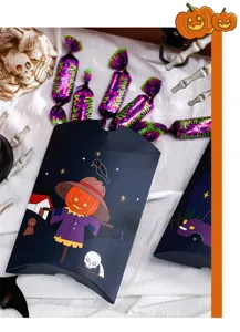 Halloween cartoon funny candy gift pillow box detail view, creative paper packaging for festive treats.