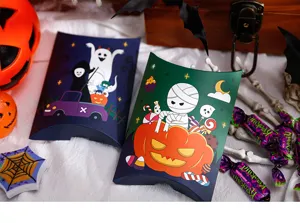 Halloween cartoon candy pillow box detail, funny ghost and pumpkin paper gift packaging.