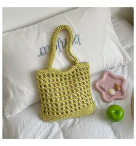 Sac à épaule creux tissé en coton, sac à main de plage d'été, cabas de loisirs léger.
