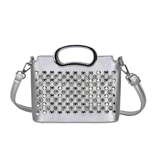 Sac bandoulière femme strass argenté élégant sac à main de luxe poignée métal mode