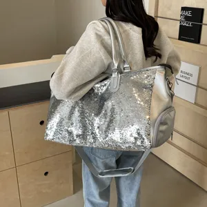 Bolsa de Viaje de Gran Capacidad Moda Lentejuelas Cuero PU Bolso Casual Unisex Weekender Bolso Bandolera