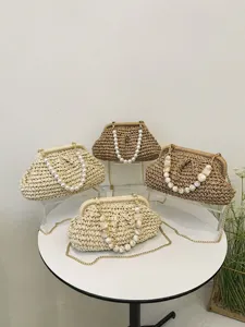 Women Straw Woven Crossbody Bag Pearl Chain Handbag Summer Beach Vacation Retro Shell Shaped Woven Fabric Chic Purse