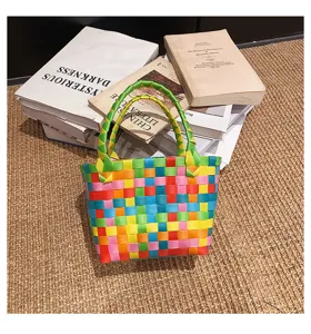 Handmade colorful woven handbag, kids beach bag and casual summer tote for daily use.