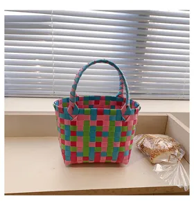 Handmade colorful woven basket bag for women and kids, stylish beach handbag and casual tote.