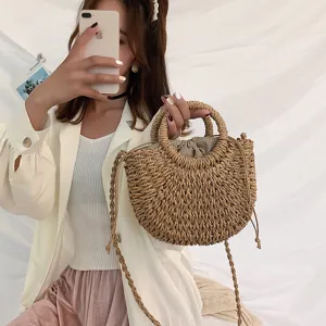 Women Straw Woven Handbag Casual Daily Beach Shoulder Bag Kraft Paper Top Handle Bag Drawstring Closure Fashion Tote