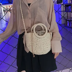 Handmade straw woven bag summer new style round handbag shoulder beach bag for women