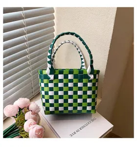 Handmade green and white checkered woven handbag, stylish women tote bag for daily casual use.