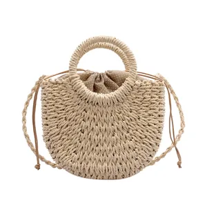 Handmade straw woven handbag summer beach bag round handle shoulder bag for women