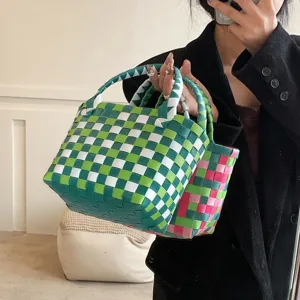 Handmade Woven Handbag Women Kids Beach Bag Plaid Resin Plastic Straw Tote Basket Handcrafted Ethnic Style Picnic Bag