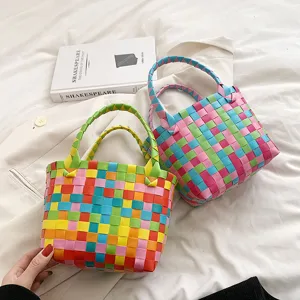 Handmade colorful woven handbag, stylish multi-color checkerboard pattern tote bag for women daily use.