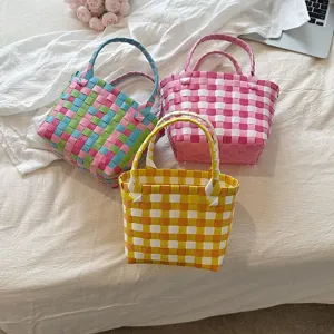 Handmade colorful woven tote bag casual summer beach basket handbag for women and kids