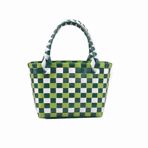 Handmade woven handbag with green and white check pattern, stylish beach basket for women.