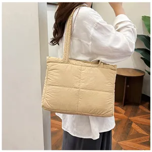Women Fashion Nylon Quilted Tote Bag Soft Padded Down Shoulder Bag Casual Large Capacity Commuter Handbag