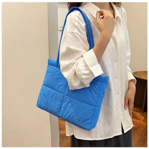 Bright blue quilted shoulder bag casual puffer underarm handbag stylish daily commuter bag
