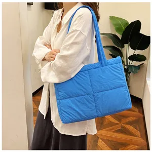 Blue quilted shoulder bag for women, stylish puffer underarm bag, soft casual commuter bag.