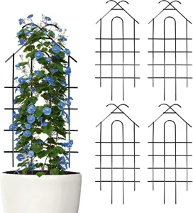 Black metal plant trellis for climbing flowers, garden support stakes for potted vines and clematis.
