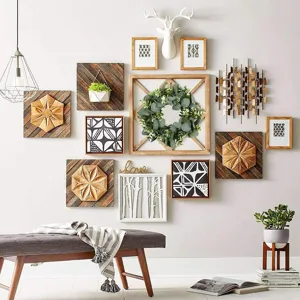 Artificial eucalyptus wreath wall hanging decor, stylish geometric wooden panels and frames.