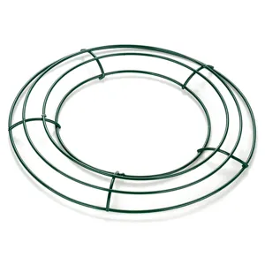 Metal wire wreath frame detail shot, 12 inch green iron ring for DIY floral craft decorations.