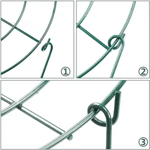Green metal garden climbing frame detail view, plant support grid stake for yard decoration.
