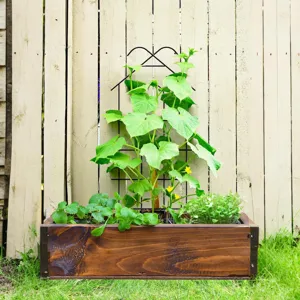 Wooden planter box with black metal climbing plant trellis for garden balcony vines support.