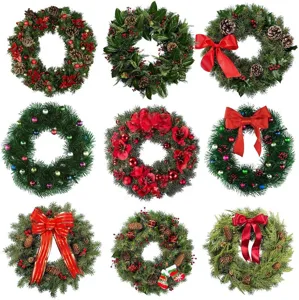 Christmas wreath collection featuring pinecones, red bows, and festive floral arrangements.