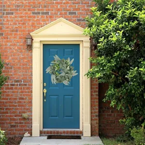 Artificial eucalyptus wreath for front door decor, green leaf hanging wall decoration.