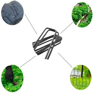 Detailansicht der U-förmigen Erdnägel aus robustem Metall zur sicheren Befestigung im Garten.