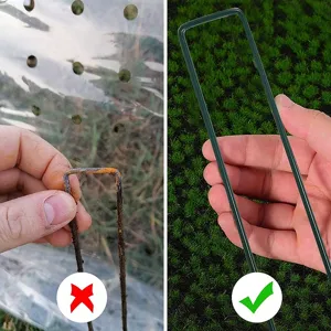Garten U-Heringe mit rostfreier grüner Beschichtung für Rasen und Gartenvlies im Außenbereich.