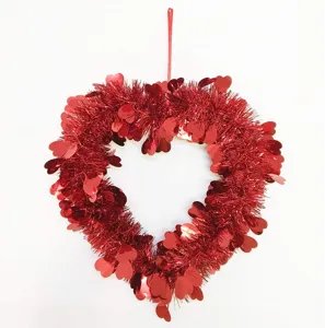 Red heart tinsel garland hanging wreath for valentine day wedding party window wall decor