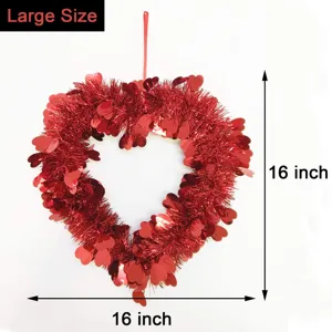 Red tinsel heart wreath detail view, perfect for Valentine day and wedding door hanging decor 16 inch