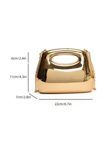 Gold hard shell evening clutch bag with chain strap, compact size 22x11x7cm for women.