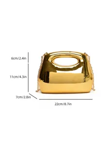 Gold metallic hard shell evening bag with metal chain strap, compact clutch purse for women.