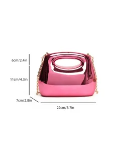 Pink acrylic hard shell evening bag with gold chain strap, stylish women handbag for parties.