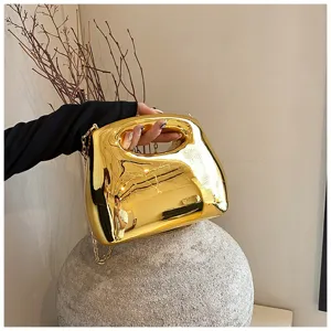 Gold mirror hard shell evening clutch bag stylish acrylic box handbag with metal chain strap.