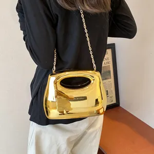 Women Fashion Acrylic Hard Shell Evening Bag Metallic Color Box Clutch With Chain Strap Hollow Handle Banquet Phone Purse