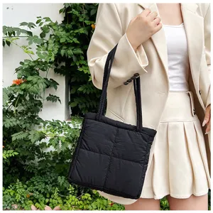 Black quilted puffer shoulder bag, minimalist casual tote bag for autumn and winter commute.