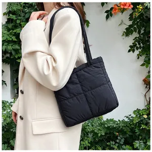 Black quilted shoulder bag puffer tote purse for women fashion casual commuter handbag.