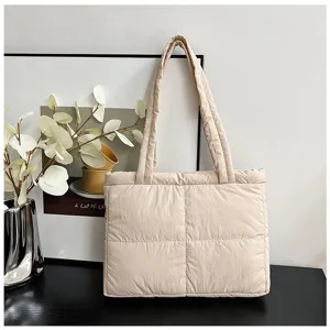 Minimalist beige quilted puffer shoulder bag, soft down fabric autumn winter underarm bag.